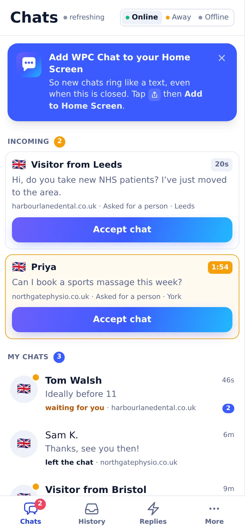 WPCentrify live chat on a phone: incoming chats from two client websites, each with an Accept chat button and a waiting timer