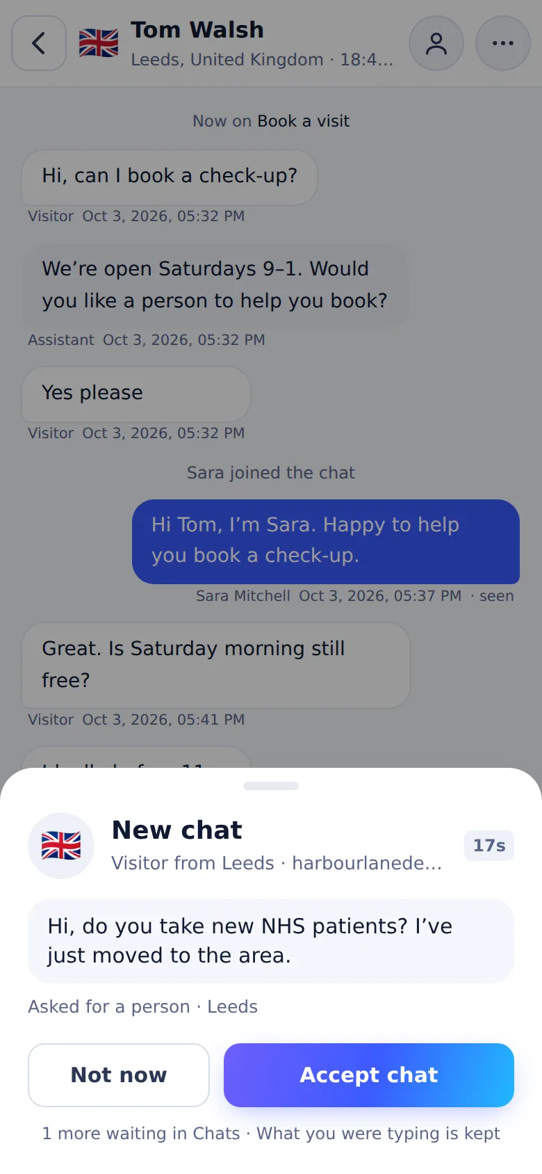 WPCentrify live chat on a phone: a New chat sheet with a visitor question and Not now and Accept chat buttons