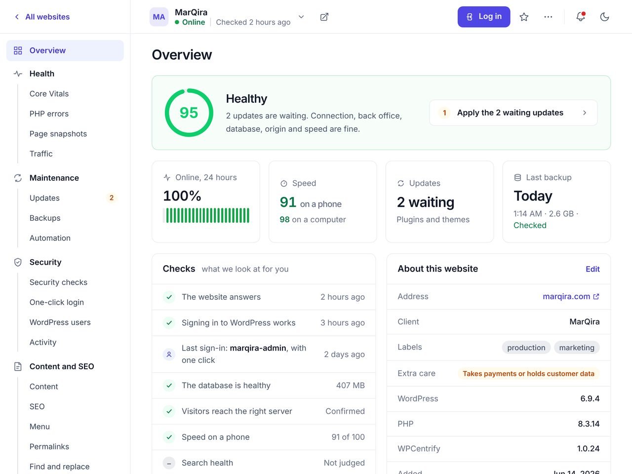 The WPCentrify overview of one example website: a health score of 95, uptime, speed on a phone and a computer, waiting updates, the last backup, and checks such as signing in to WordPress